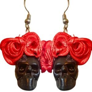 NEW Day of the Dead Drop Earrings Black Skull with Red Rose Flower Crown Tops